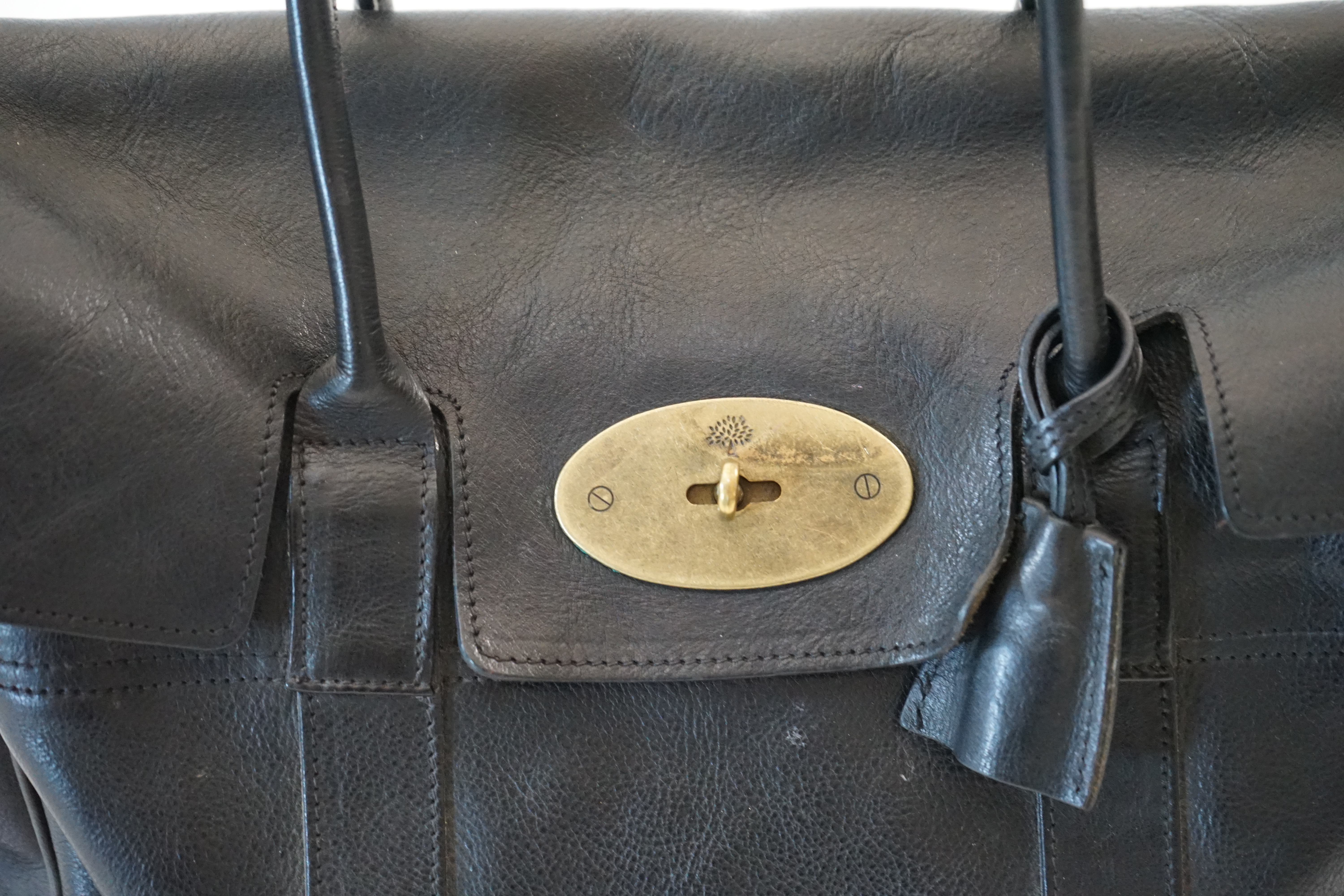A Mulberry black leather and brass Bayswater handbag, width 36cm, depth 14cm, height 22cm